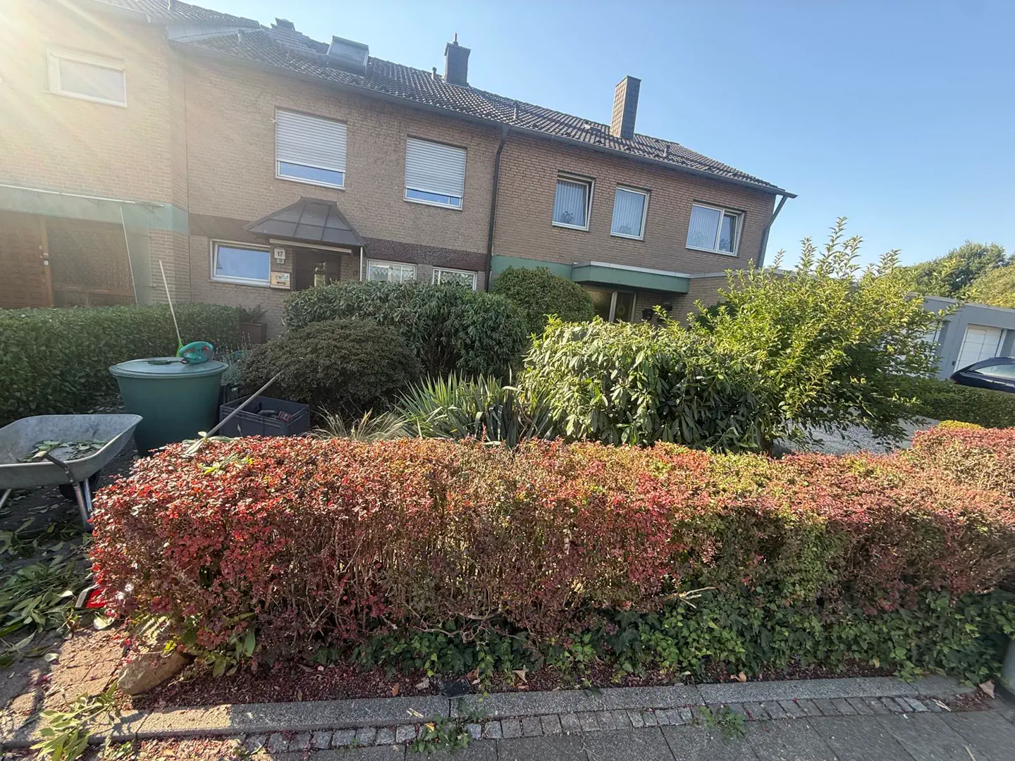 Vorgarten mit Hecken und Gehölzen vor der Pflege